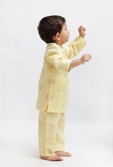 Set Of 2: Yellow Dobby Kurta and Yellow Pant